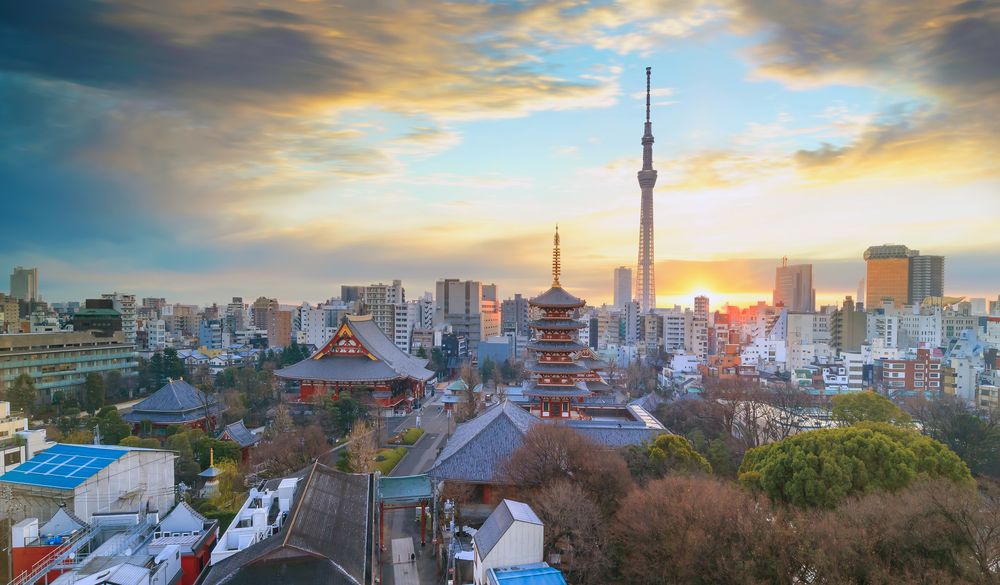 View of Tokyo skyline with Senso-ji Temple and Tokyo skytree at twilight in Japan.