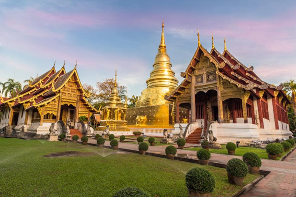 Wat Phra Singh temple and bright blue sky. Chiang Mai, Thailand.