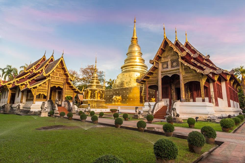 Wat Phra Singh temple and bright blue sky. Chiang Mai, Thailand.