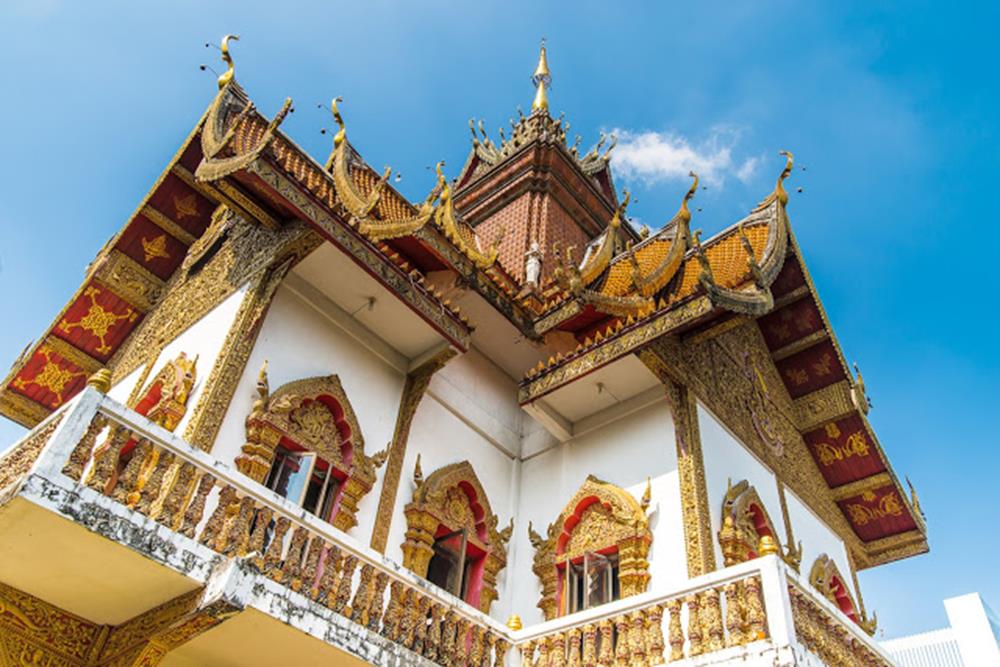 Architectural elements of Wat Buppharam temple in Chiang Mai, Thailand. Ancient construction of public property