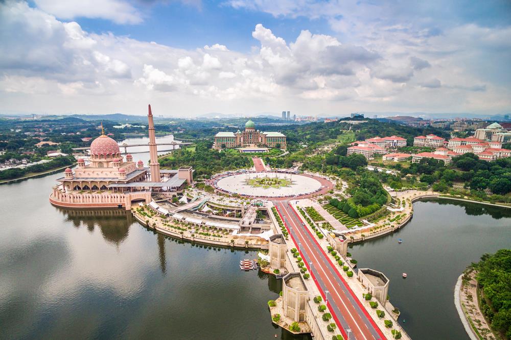 Masjid Putra, the Pink Mosque, in Putra Jaya, near Kuala Lumpur, Malaysia, aerial view.